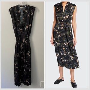 Vince Rose Field Popover Midi Dress Black Floral Sleeveless Belted Large
